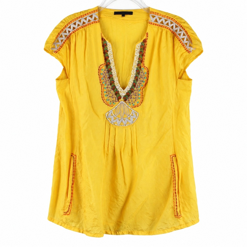 Nanette Lepore Yellow Silk Beaded Embroidered Tunic Top Size 4 Boho Cap Sleeve